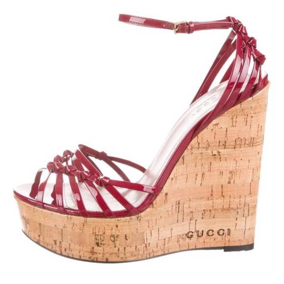 Gucci Alice Red Patent Leather Knot Strappy Platform Cork Sandal Wedges 40 - Picture 2 of 13
